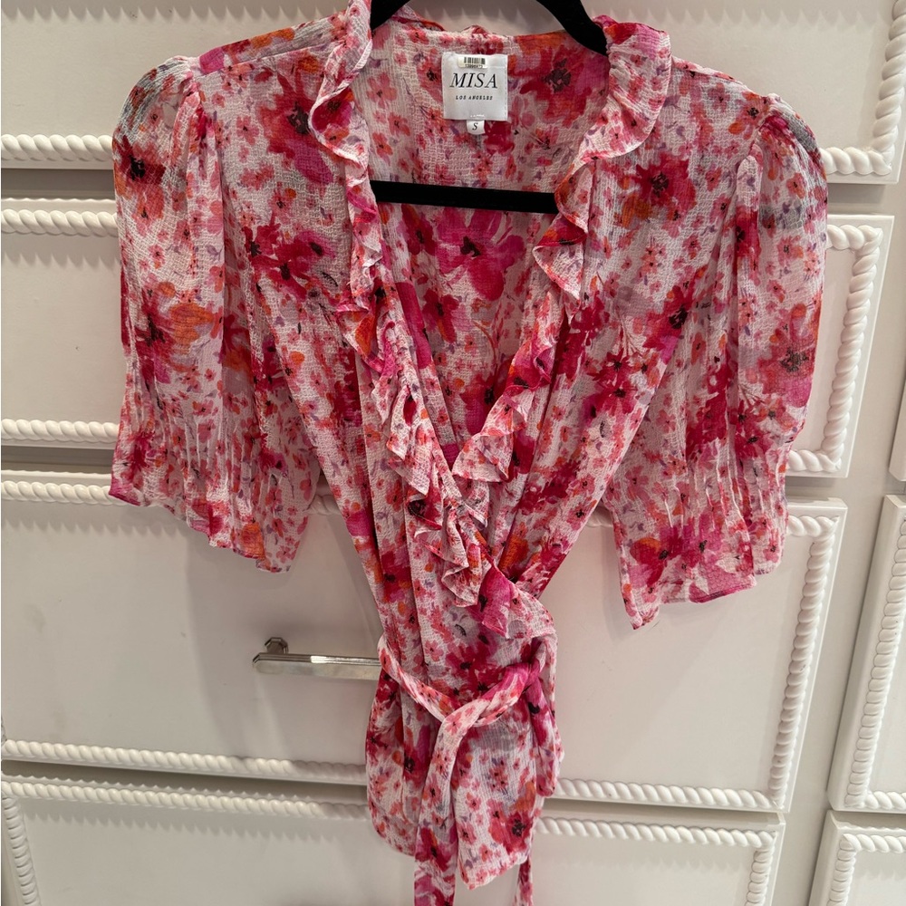Misa Los Angeles Pink and White Puff Sleeve Ruffled Blouse
